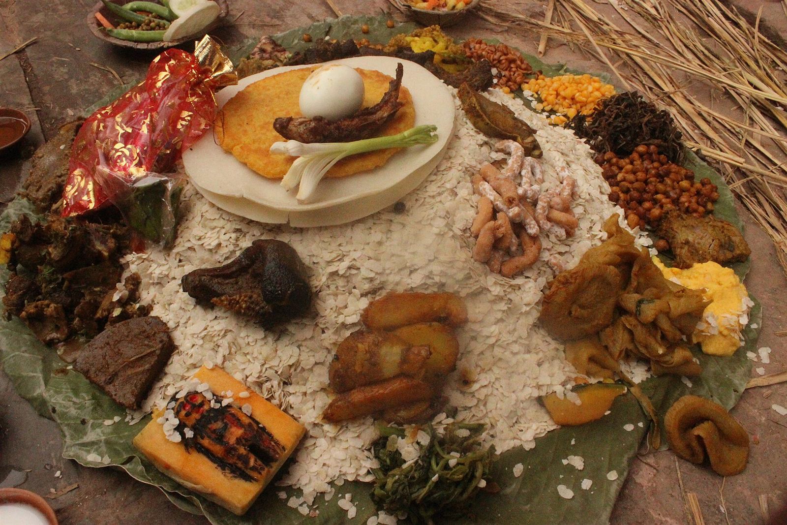 A Newari feast laid out on stitched leaf plates
