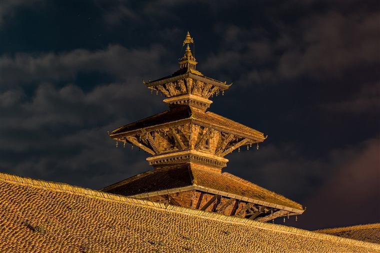 The golden roof of Taleju temple at dusk, Patan